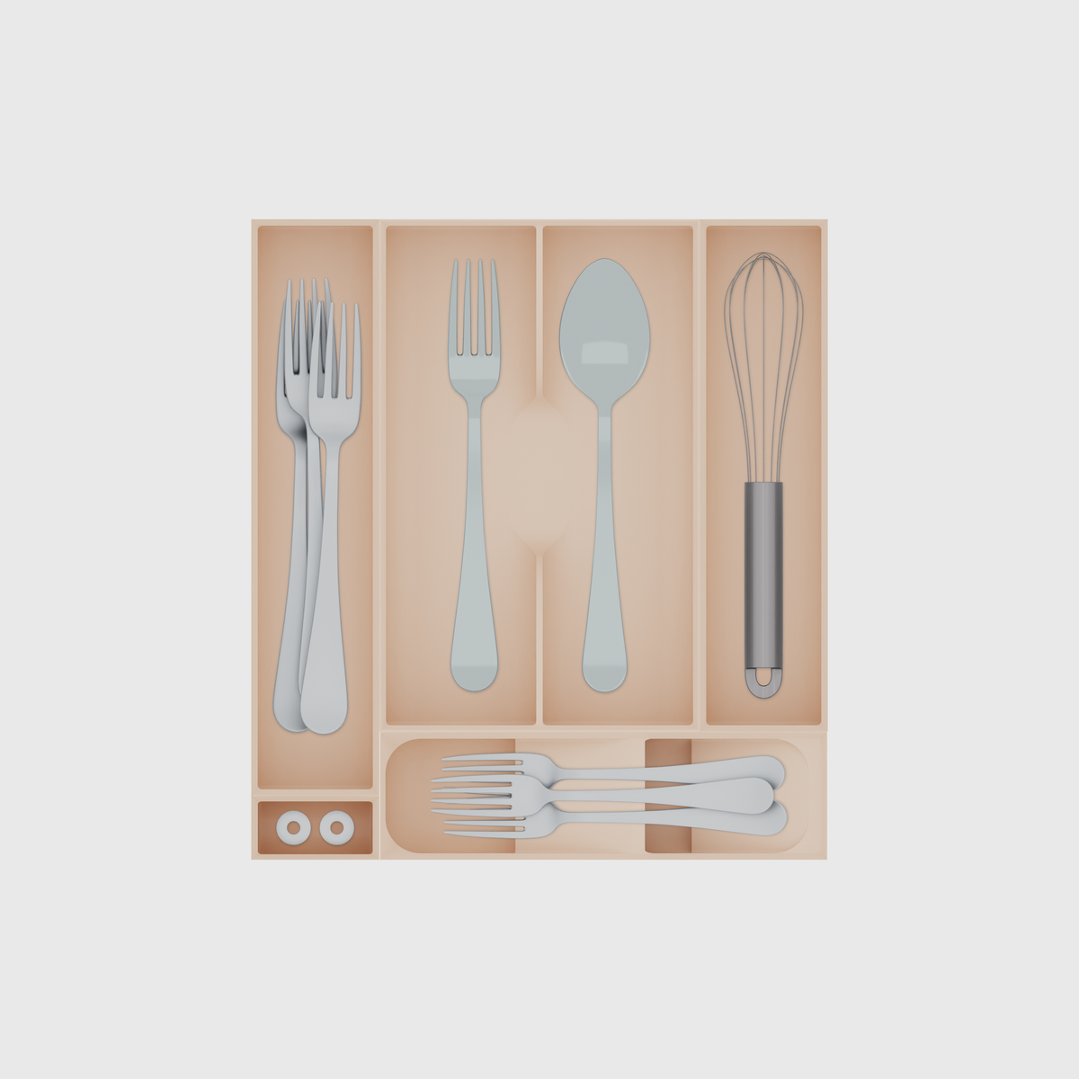 Space-Saving Cutlery Organiser – 295×265.5mm in Army Beige, shown with 3 dinner forks, small metal washers, a dinner fork and a soup spoon and other small items. Top view.
