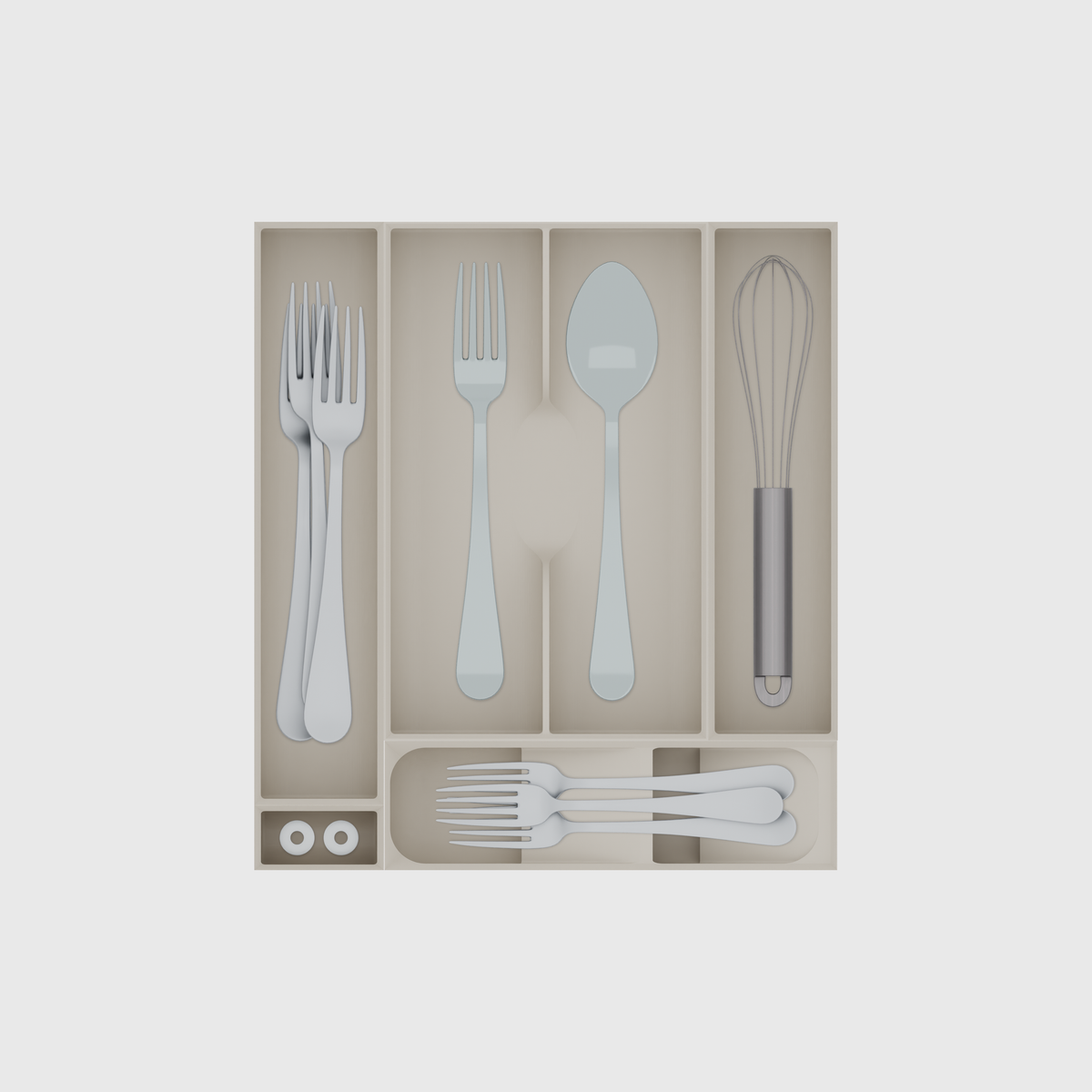 Space-Saving Cutlery Organiser – 295×265.5mm in Muted White, shown with 3 dinner forks, small metal washers, a dinner fork and a soup spoon and other small items. Top view.