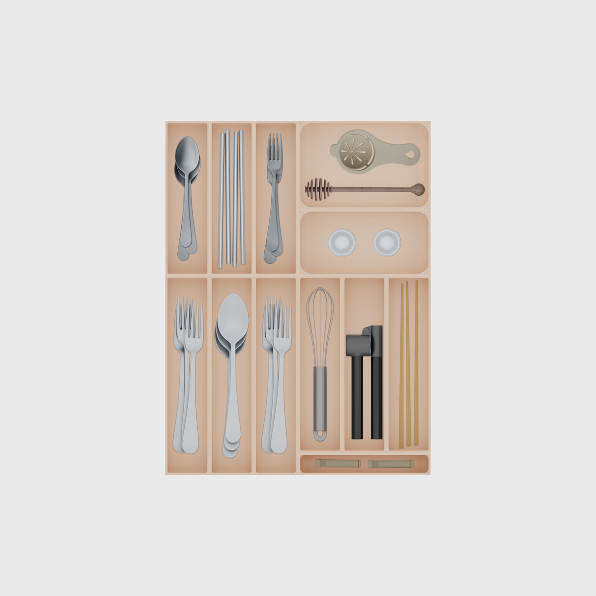 Cutlery & Utensil Drawer Organiser Set – 472 × 354 mm in Army Beige, shown with dessert spoons, metal drinking straws, dessert forks and other small items. Top view.