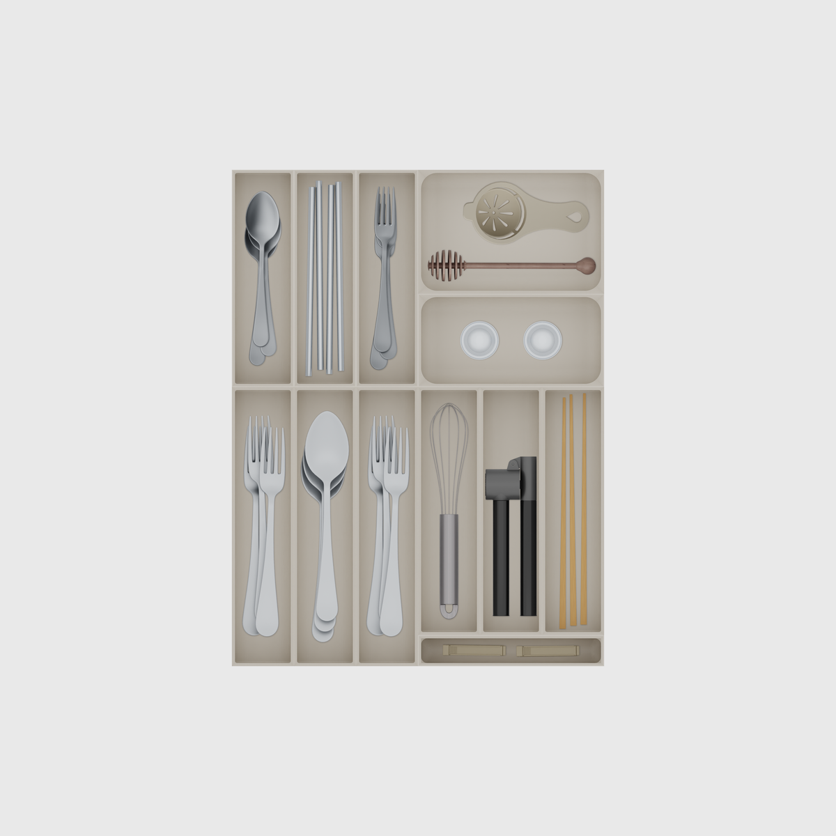 Cutlery & Utensil Drawer Organiser Set – 472 × 354 mm in Muted White, shown with dessert spoons, metal drinking straws, dessert forks and other small items. Top view.