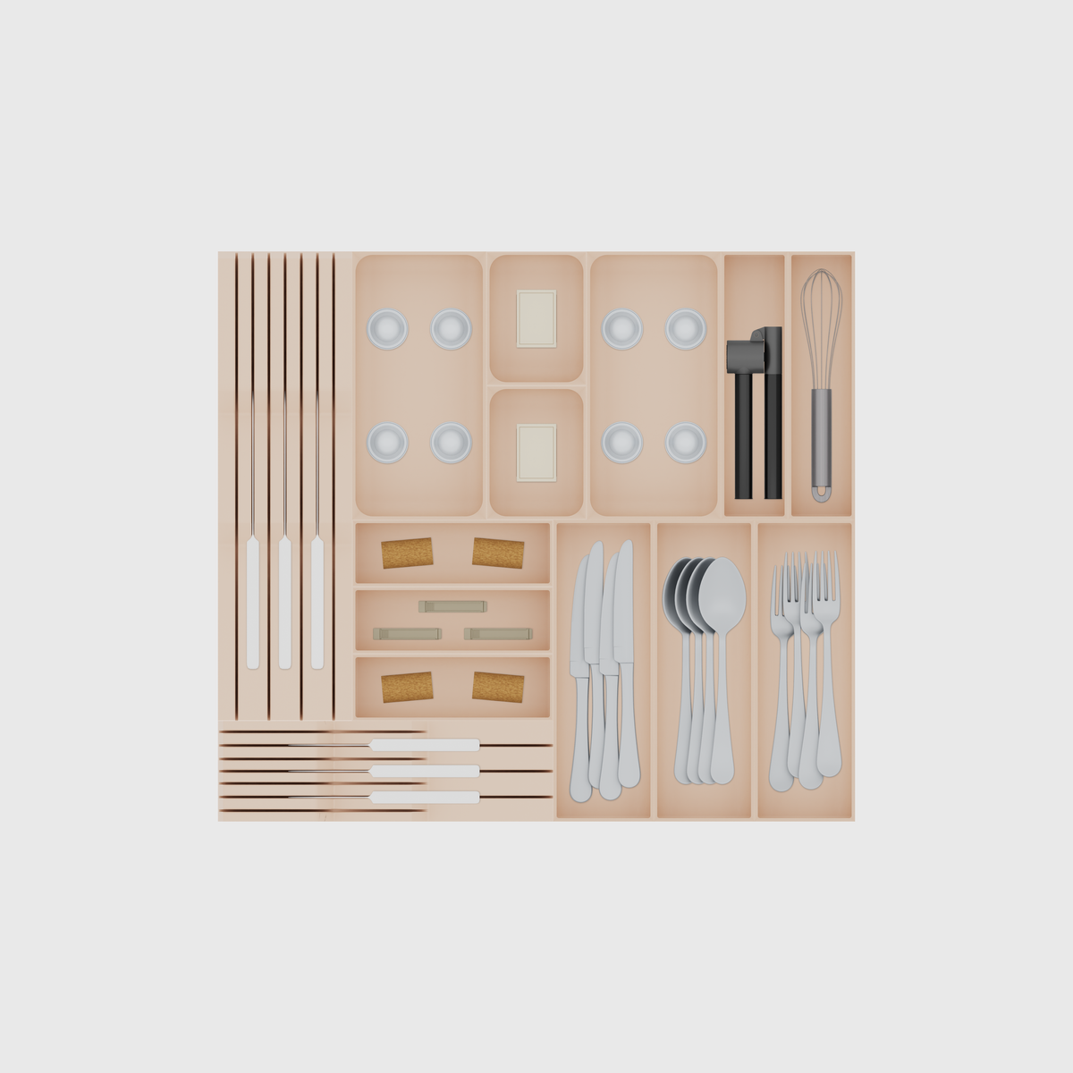 Dual Knife & Cutlery Drawer Organiser Set – 501.5 × 560.5 mm in Army Beige, shown with 4 dinner knives, 4 soup spoons, 4 dinner forks and other small items. Top view.