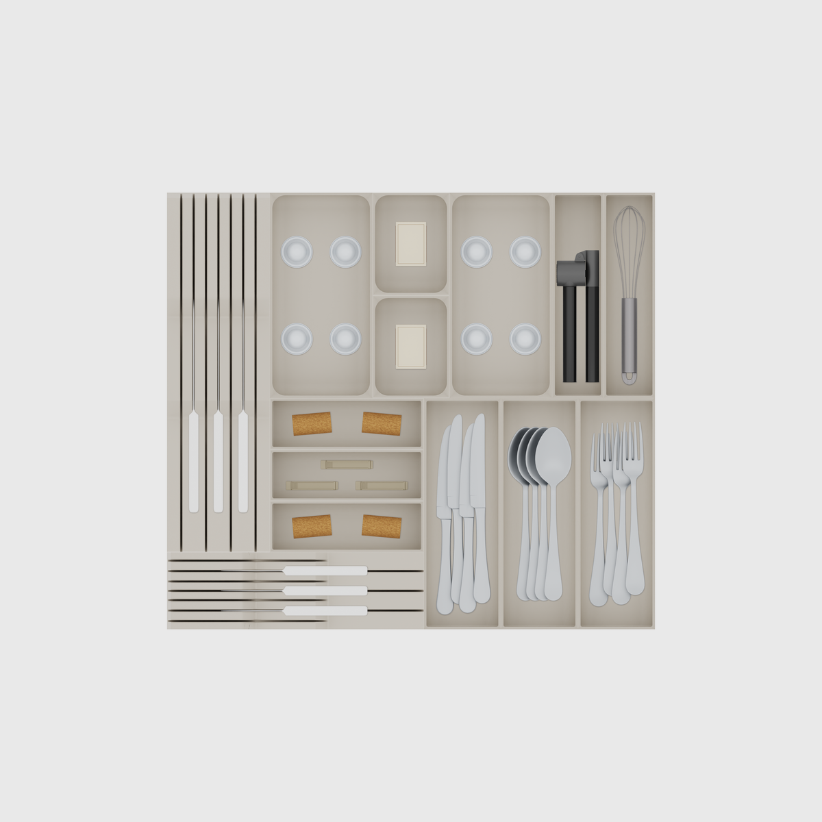 Dual Knife & Cutlery Drawer Organiser Set – 501.5 × 560.5 mm in Muted White, shown with 4 dinner knives, 4 soup spoons, 4 dinner forks and other small items. Top view.