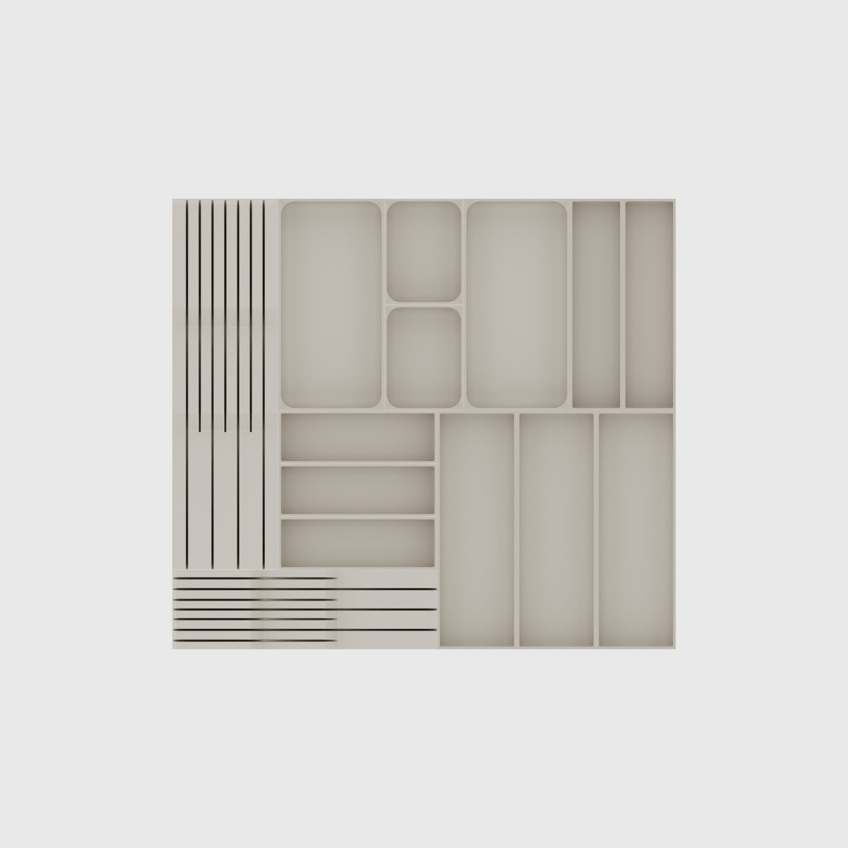 Dual Knife & Cutlery Drawer Organiser Set – 501.5 × 560.5 mm in Muted White, empty organiser layout.
