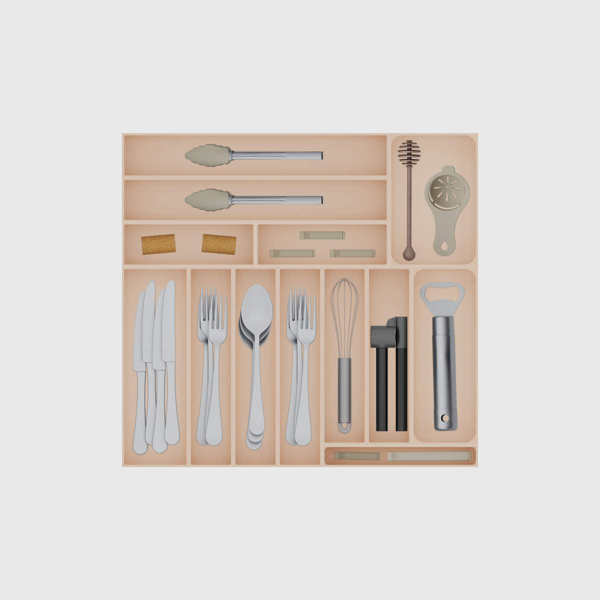Everyday Cutlery Drawer Organiser Set – 442.5 × 472 mm in Army Beige, shown with kitchen tongs, a honey dipper and egg separator, wine corks and other small items. Top view.