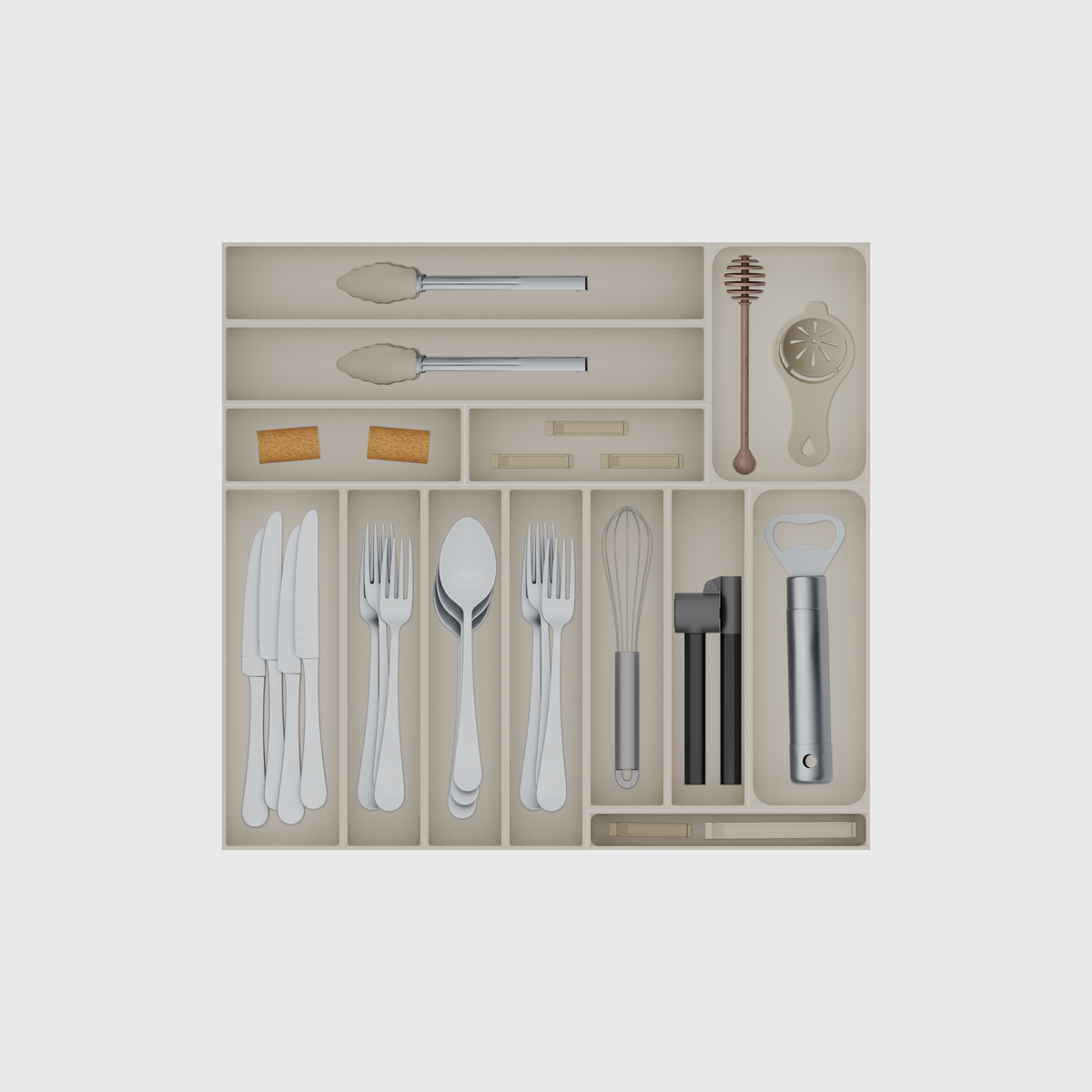 Everyday Cutlery Drawer Organiser Set – 442.5 × 472 mm in Muted White, shown with kitchen tongs, a honey dipper and egg separator, wine corks and other small items. Top view.