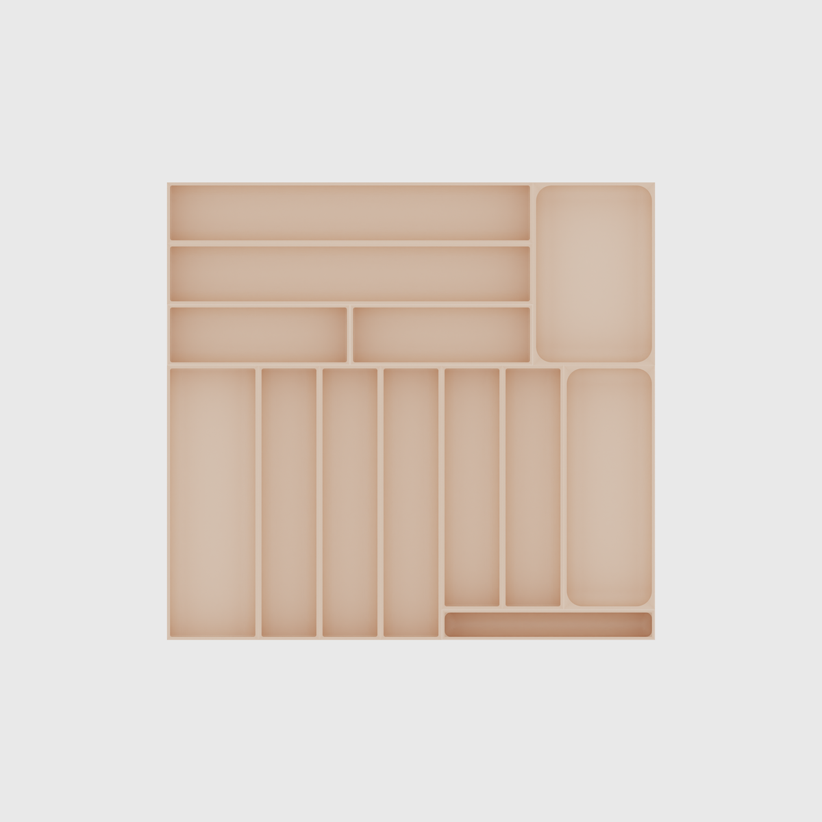 Everyday Cutlery Drawer Organiser Set – 442.5 × 472 mm in Army Beige, empty organiser layout.