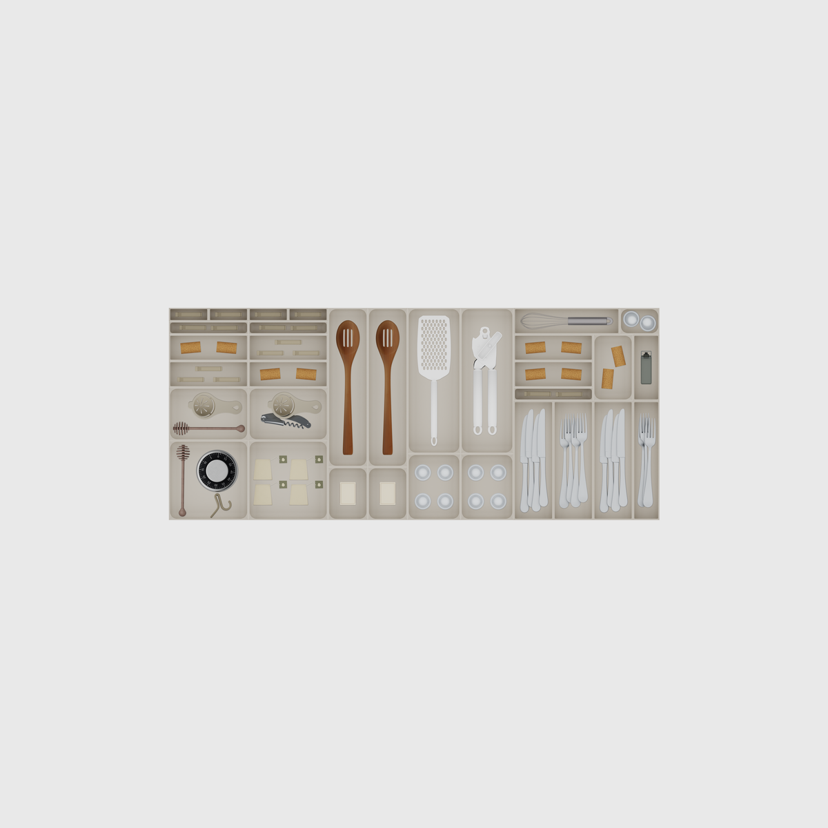 Extra-Wide Cutlery & Kitchen Tools Drawer Organiser Set – 1091.5 × 472 mm in Muted White, shown with a can opener, a handheld grater, a slotted cooking spoon and other small items. Top view.