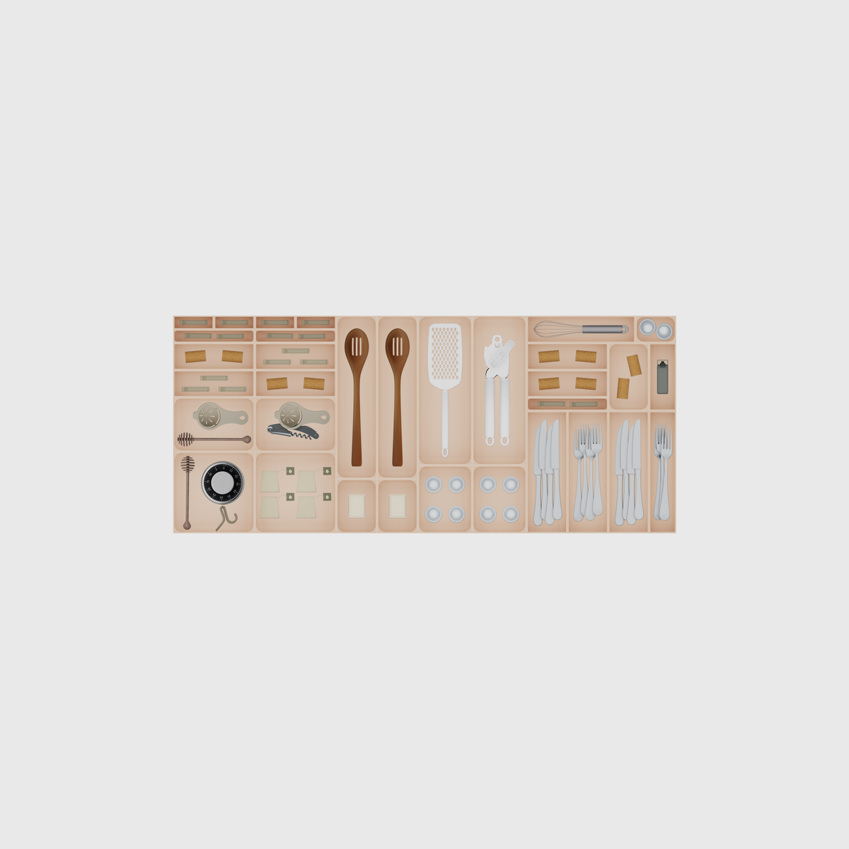 Extra-Wide Cutlery & Kitchen Tools Drawer Organiser Set – 1091.5 × 472 mm in Army Beige, shown with a can opener, a handheld grater, a slotted cooking spoon and other small items. Top view.