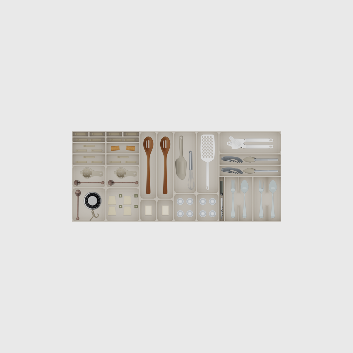 Extra-Wide Kitchen Drawer Organiser Set – 472 × 1091.5 mm in Muted White, shown with a can opener, a corkscrew and kitchen tongs, a handheld grater and other small items. Top view.