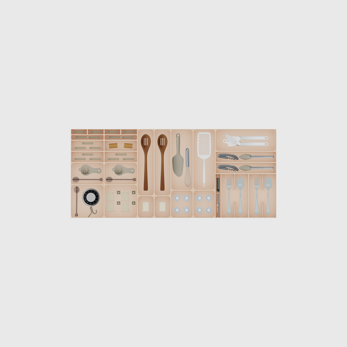 Extra-Wide Kitchen Drawer Organiser Set – 472 × 1091.5 mm in Army Beige, shown with a can opener, a corkscrew and kitchen tongs, a handheld grater and other small items. Top view.