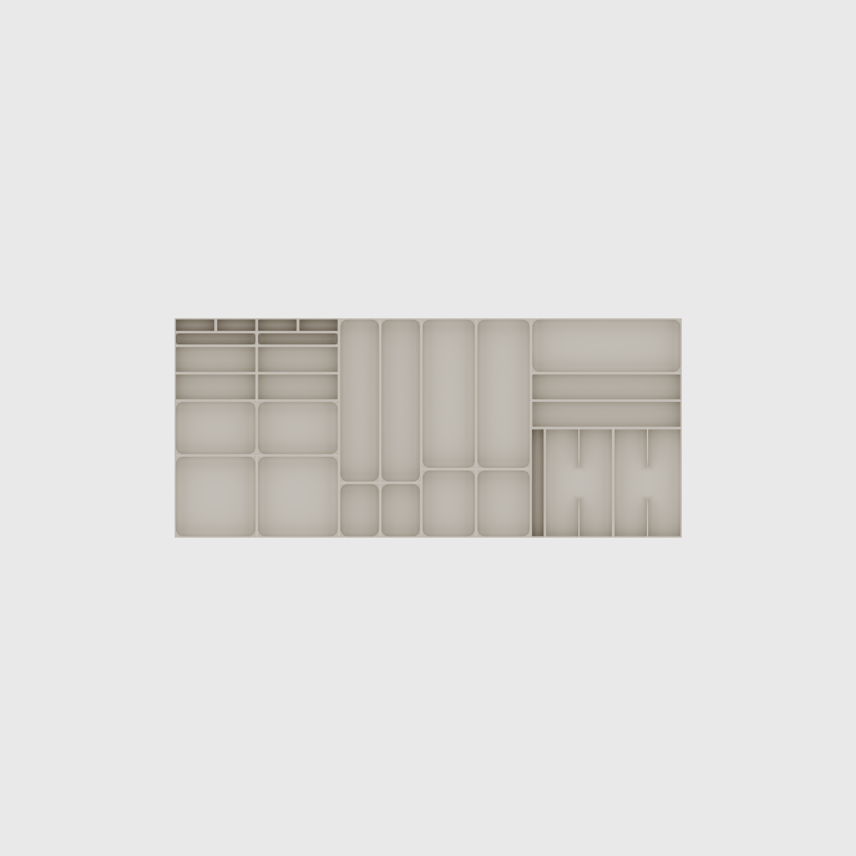 Extra-Wide Kitchen Drawer Organiser Set – 472 × 1091.5 mm in Muted White, empty organiser layout.