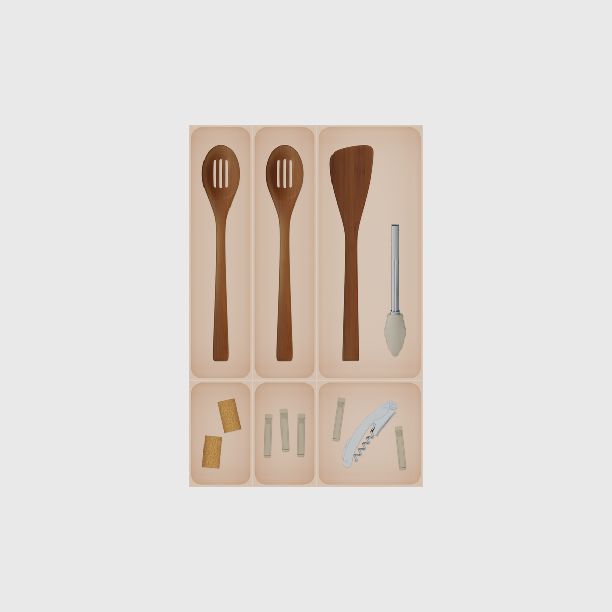 Kitchen Tool Drawer Organiser Set – 501.5 × 324.5 mm in Army Beige, shown with a slotted cooking spoon, a turner and kitchen tongs, wine corks and other small items. Top view.