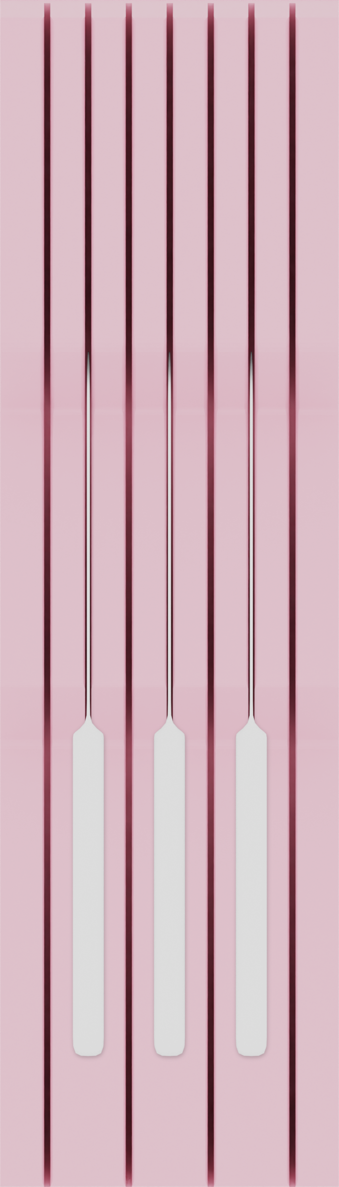 Knife block organiser – 14×4 (413 × 118 mm) in Sakura Pink, shown with 3 kitchen knives. Top view.
