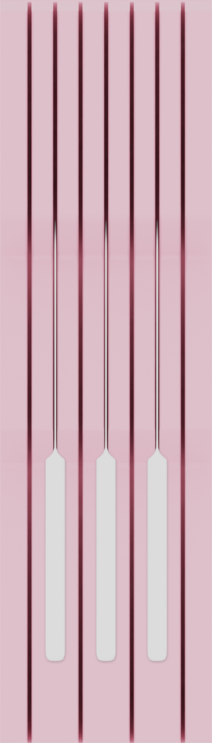 Knife block organiser – 14×4 (413 × 118 mm) in Sakura Pink, shown with 3 kitchen knives. Top view.