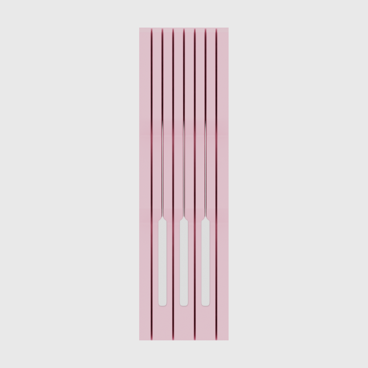 Knife block organiser – 14×4 (413 × 118 mm) in Sakura Pink, shown with 3 kitchen knives. Top view.