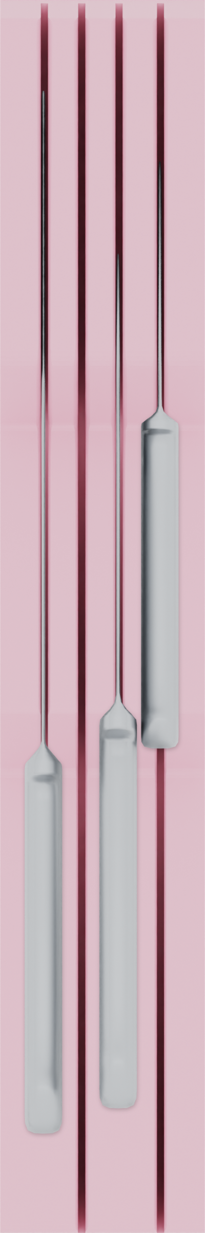 Knife holder organiser – 12×2 (354 × 59 mm) in Sakura Pink, shown with a chef’s knife and 2 kitchen knives. Top view.