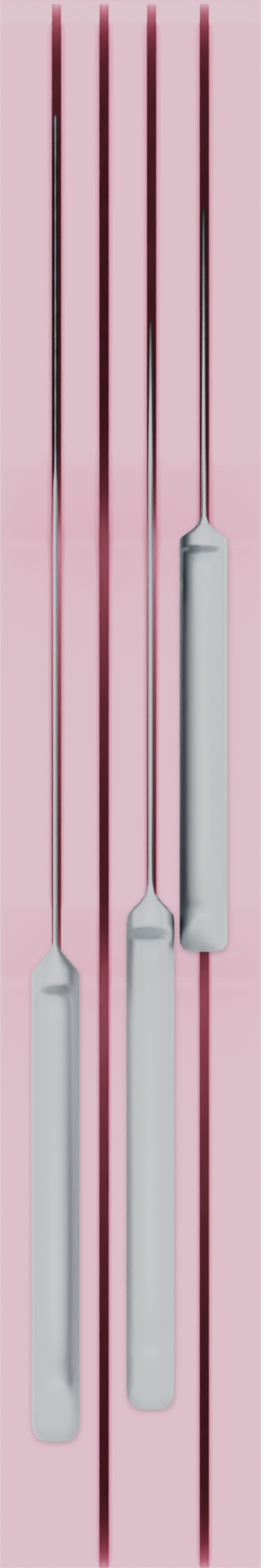 Knife holder organiser – 12×2 (354 × 59 mm) in Sakura Pink, shown with a chef’s knife and 2 kitchen knives. Top view.