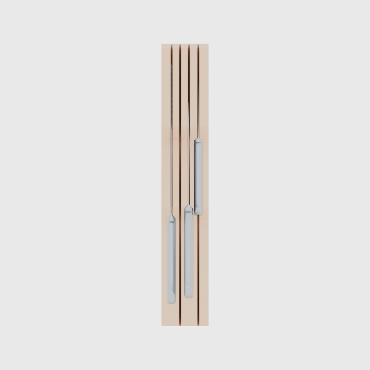 Knife holder organiser – 12×2 (354 × 59 mm) in Army Beige, shown with a chef’s knife and 2 kitchen knives. Top view.