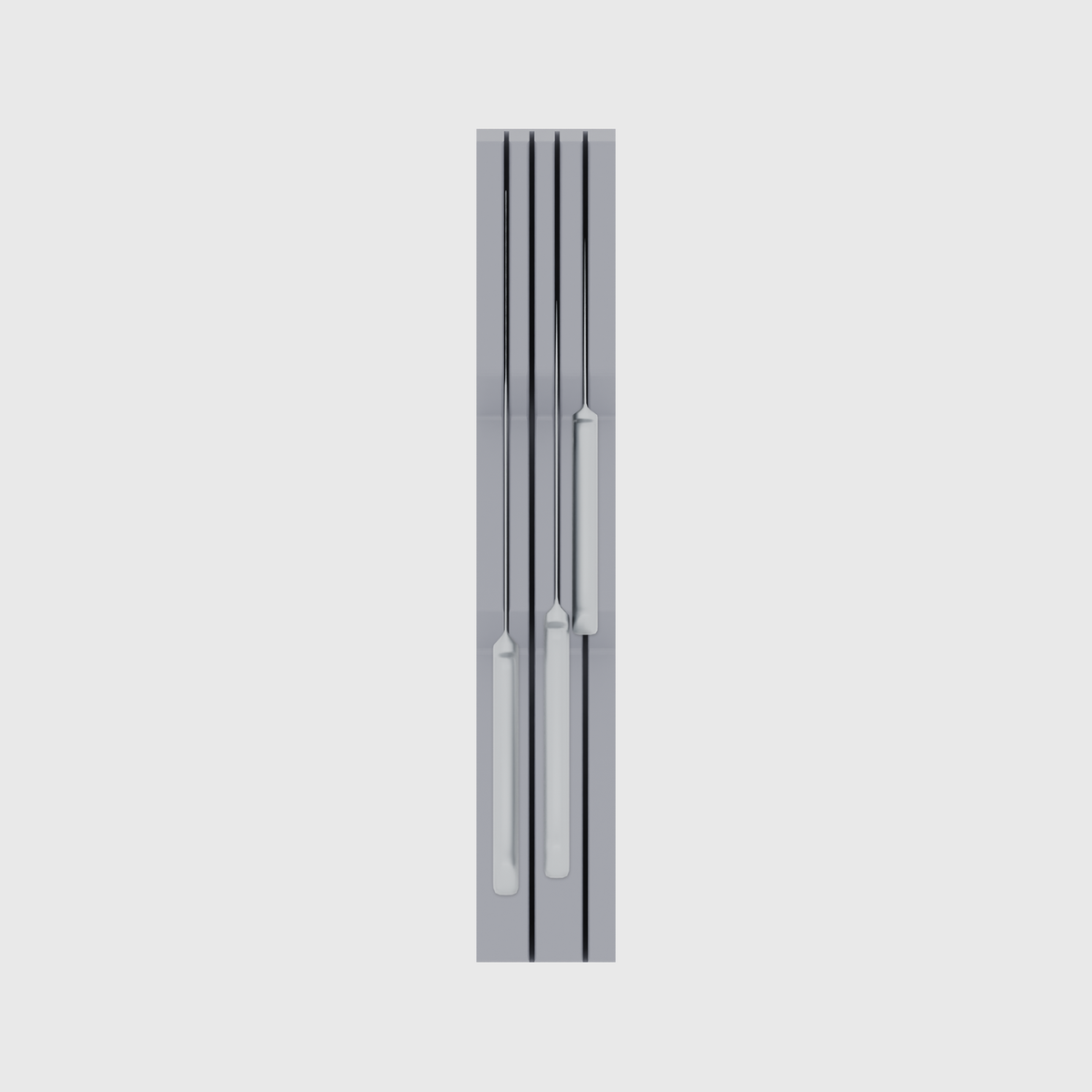 Knife holder organiser – 12×2 (354 × 59 mm) in Fossil Grey, shown with a chef’s knife and 2 kitchen knives. Top view.