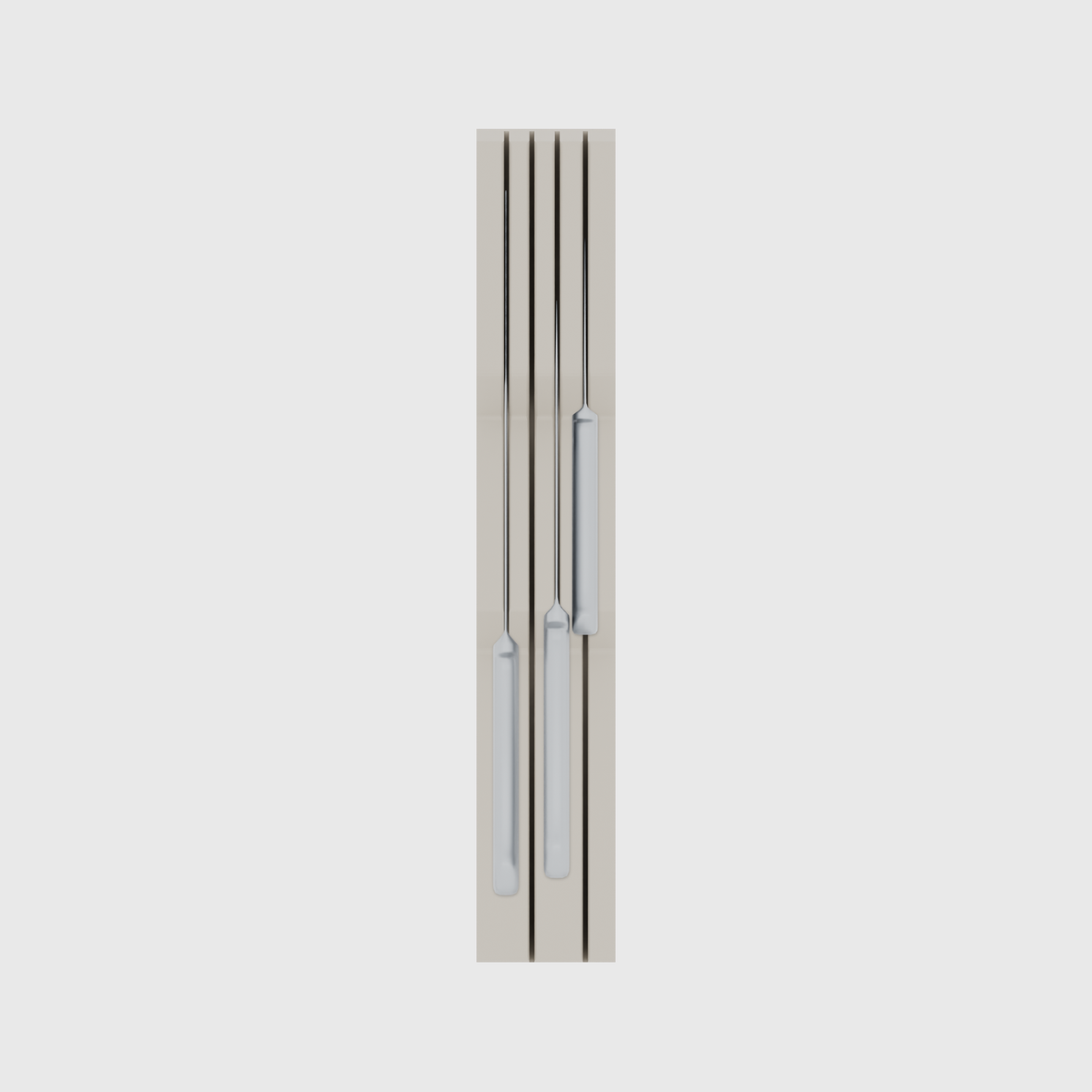 Knife holder organiser – 12×2 (354 × 59 mm) in Muted White, shown with a chef’s knife and 2 kitchen knives. Top view.