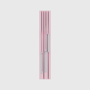 Knife holder organiser – 12×2 (354 × 59 mm) in Sakura Pink, shown with a chef’s knife and 2 kitchen knives. Top view.