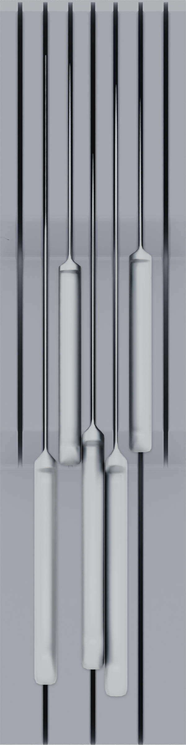 Knife holder organiser – 12×3 (354 × 88.5 mm) in Fossil Grey, shown with a chef’s knife and 4 kitchen knives. Top view.