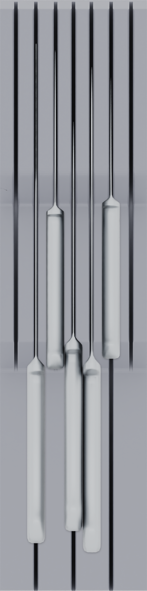 Knife holder organiser – 12×3 (354 × 88.5 mm) in Fossil Grey, shown with a chef’s knife and 4 kitchen knives. Top view.