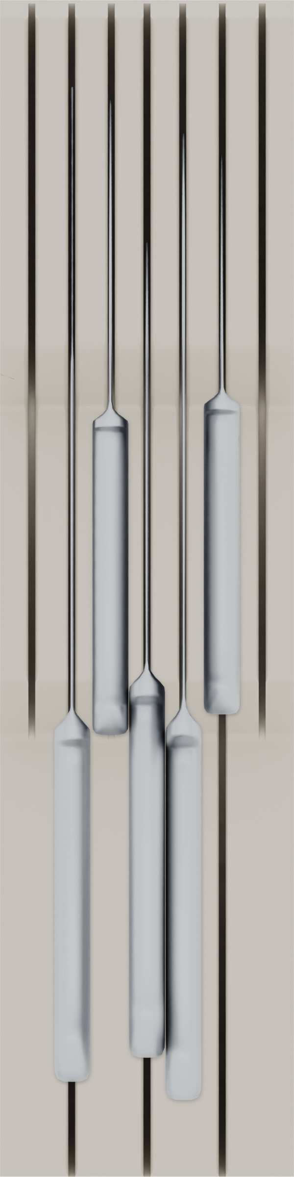 Knife holder organiser – 12×3 (354 × 88.5 mm) in Muted White, shown with a chef’s knife and 4 kitchen knives. Top view.