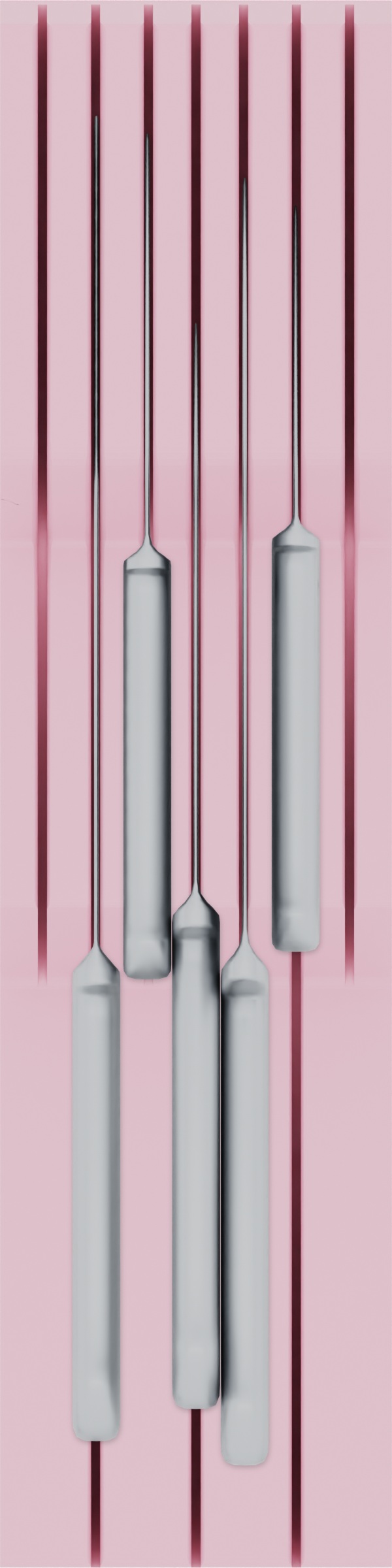 Knife holder organiser – 12×3 (354 × 88.5 mm) in Sakura Pink, shown with a chef’s knife and 4 kitchen knives. Top view.