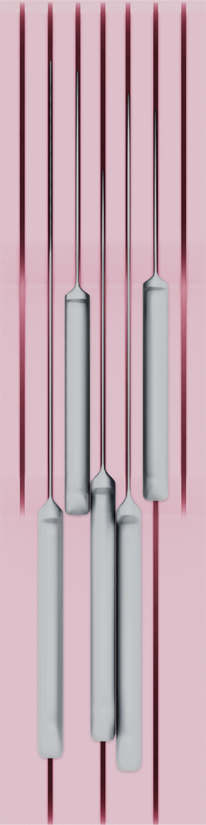 Knife holder organiser – 12×3 (354 × 88.5 mm) in Sakura Pink, shown with a chef’s knife and 4 kitchen knives. Top view.