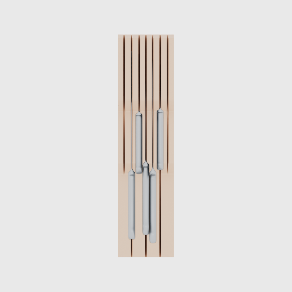Knife holder organiser – 12×3 (354 × 88.5 mm) in Army Beige, shown with a chef’s knife and 4 kitchen knives. Top view.