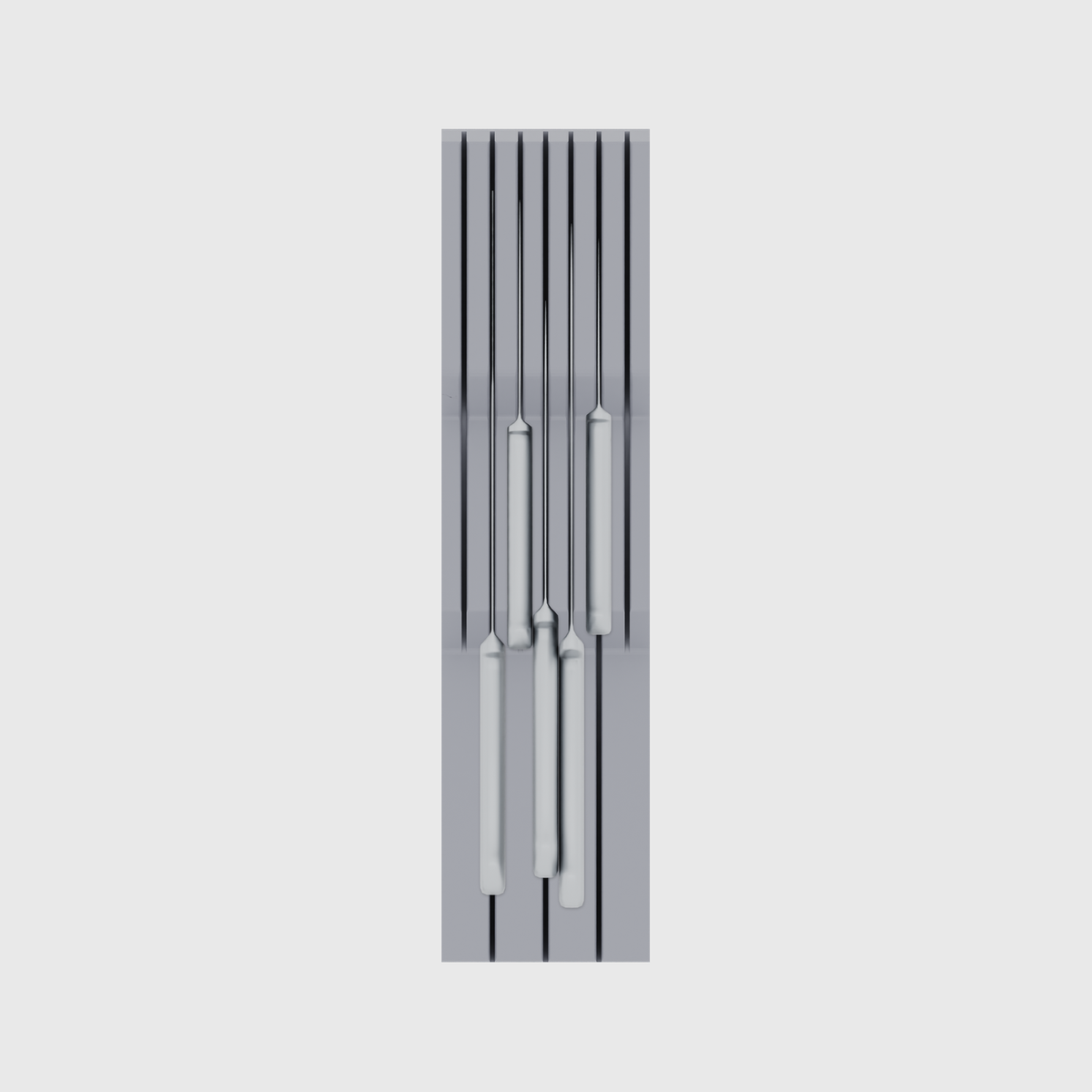 Knife holder organiser – 12×3 (354 × 88.5 mm) in Fossil Grey, shown with a chef’s knife and 4 kitchen knives. Top view.
