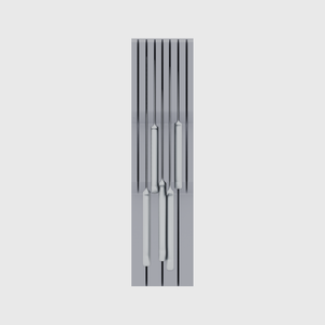 Knife holder organiser – 12×3 (354 × 88.5 mm) in Fossil Grey, shown with a chef’s knife and 4 kitchen knives. Top view.