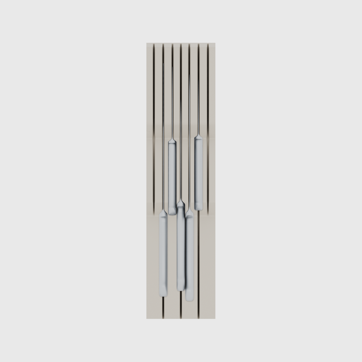 Knife holder organiser – 12×3 (354 × 88.5 mm) in Muted White, shown with a chef’s knife and 4 kitchen knives. Top view.