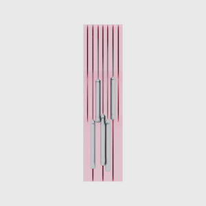 Knife holder organiser – 12×3 (354 × 88.5 mm) in Sakura Pink, shown with a chef’s knife and 4 kitchen knives. Top view.