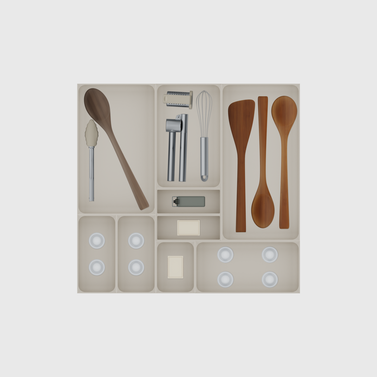 Large Kitchen Tool Drawer Organiser Set – 472 × 501.5 mm in Muted White, shown with coffee capsules, bamboo kitchen utensils, a matchbox and other small items. Top view.