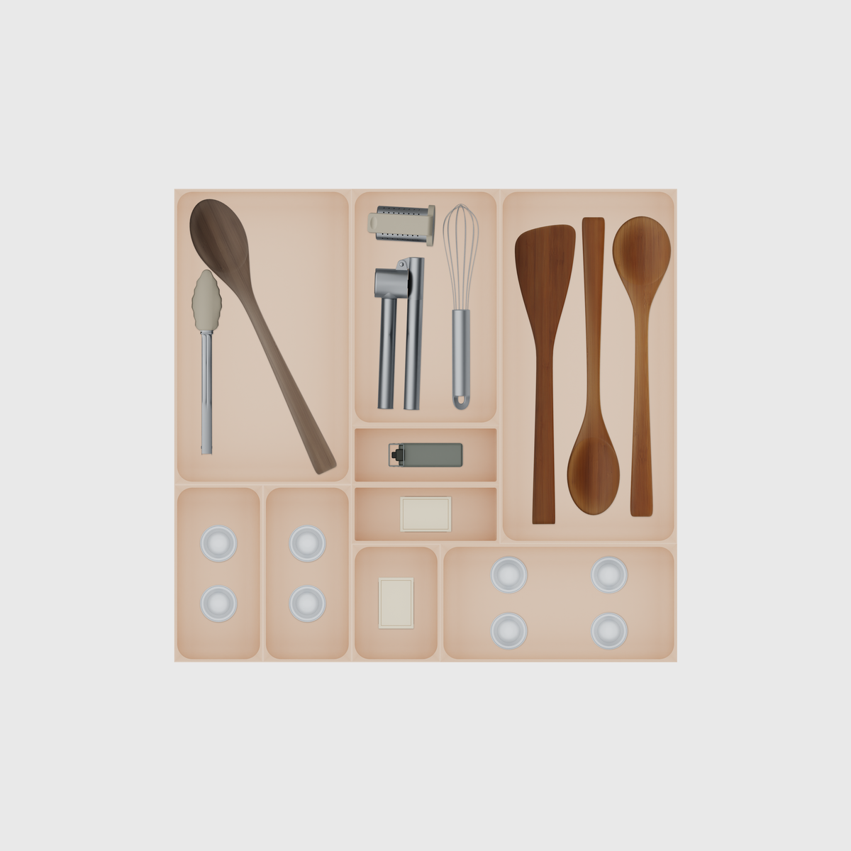 Large Kitchen Tool Drawer Organiser Set – 472 × 501.5 mm in Army Beige, shown with coffee capsules, bamboo kitchen utensils, a matchbox and other small items. Top view.