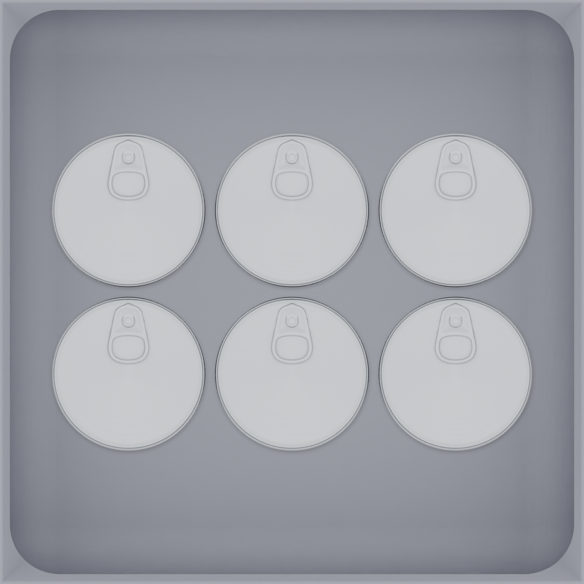 Large tray organiser – 6×6 (177 × 177 mm) in Fossil Grey, shown with 6 small round tins. Top view.