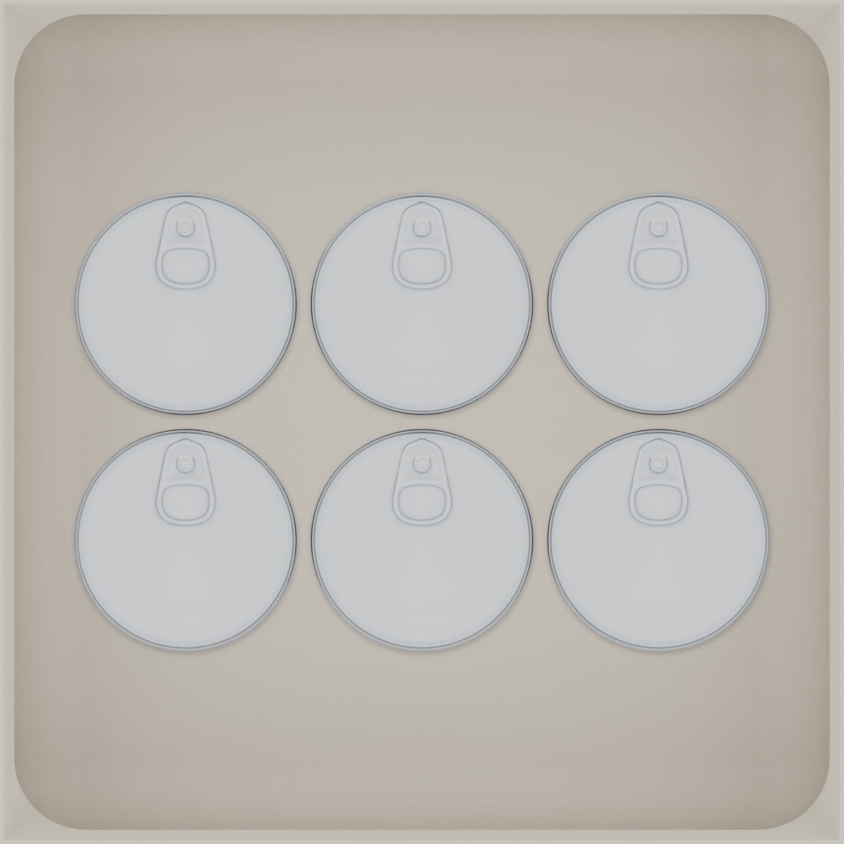 Large tray organiser – 6×6 (177 × 177 mm) in Muted White, shown with 6 small round tins. Top view.
