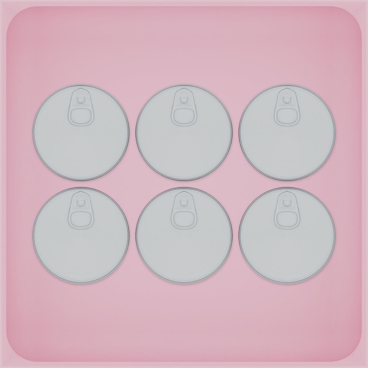 Large tray organiser – 6×6 (177 × 177 mm) in Sakura Pink, shown with 6 small round tins. Top view.
