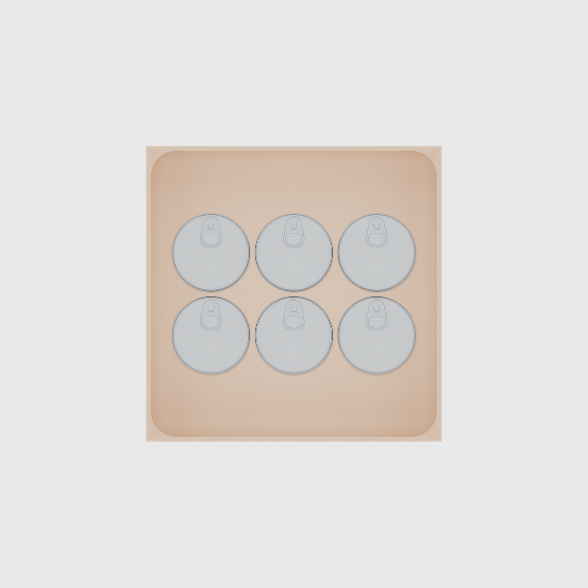 Large tray organiser – 6×6 (177 × 177 mm) in Army Beige, shown with 6 small round tins. Top view.