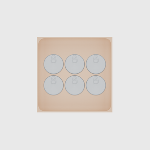 Large tray organiser – 6×6 (177 × 177 mm) in Army Beige, shown with 6 small round tins. Top view.