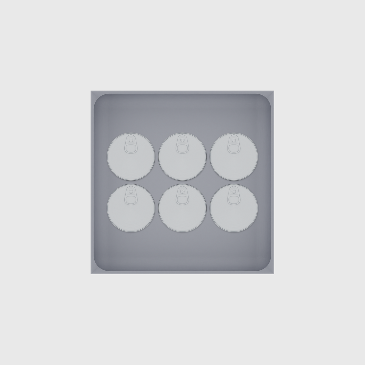 Large tray organiser – 6×6 (177 × 177 mm) in Fossil Grey, shown with 6 small round tins. Top view.