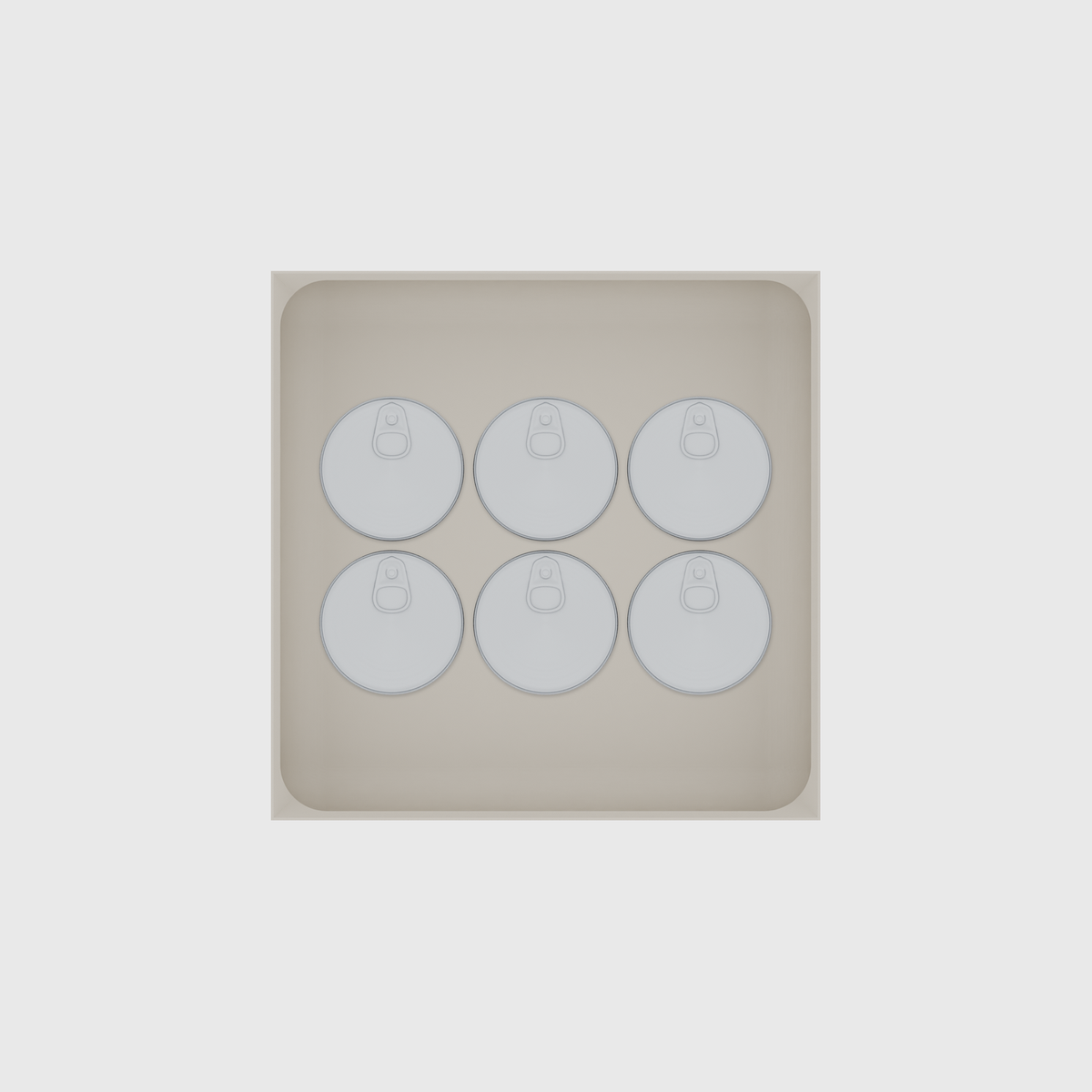 Large tray organiser – 6×6 (177 × 177 mm) in Muted White, shown with 6 small round tins. Top view.