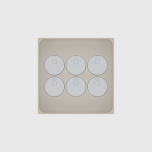 Large tray organiser – 6×6 (177 × 177 mm) in Muted White, shown with 6 small round tins. Top view.