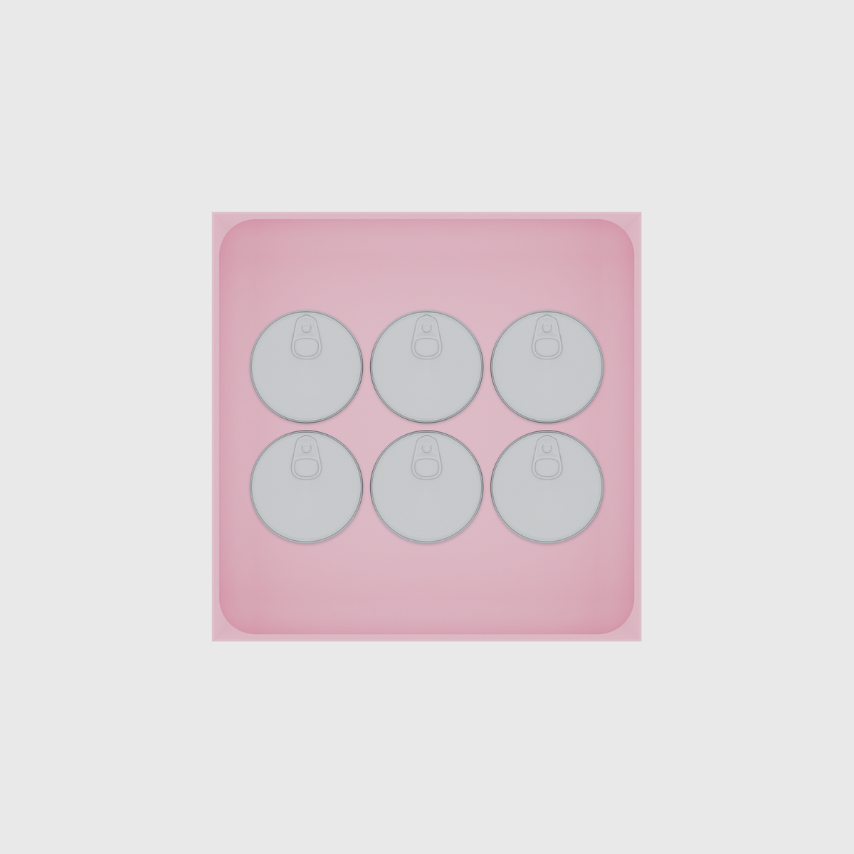 Large tray organiser – 6×6 (177 × 177 mm) in Sakura Pink, shown with 6 small round tins. Top view.