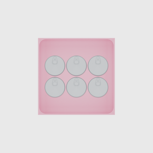 Large tray organiser – 6×6 (177 × 177 mm) in Sakura Pink, shown with 6 small round tins. Top view.