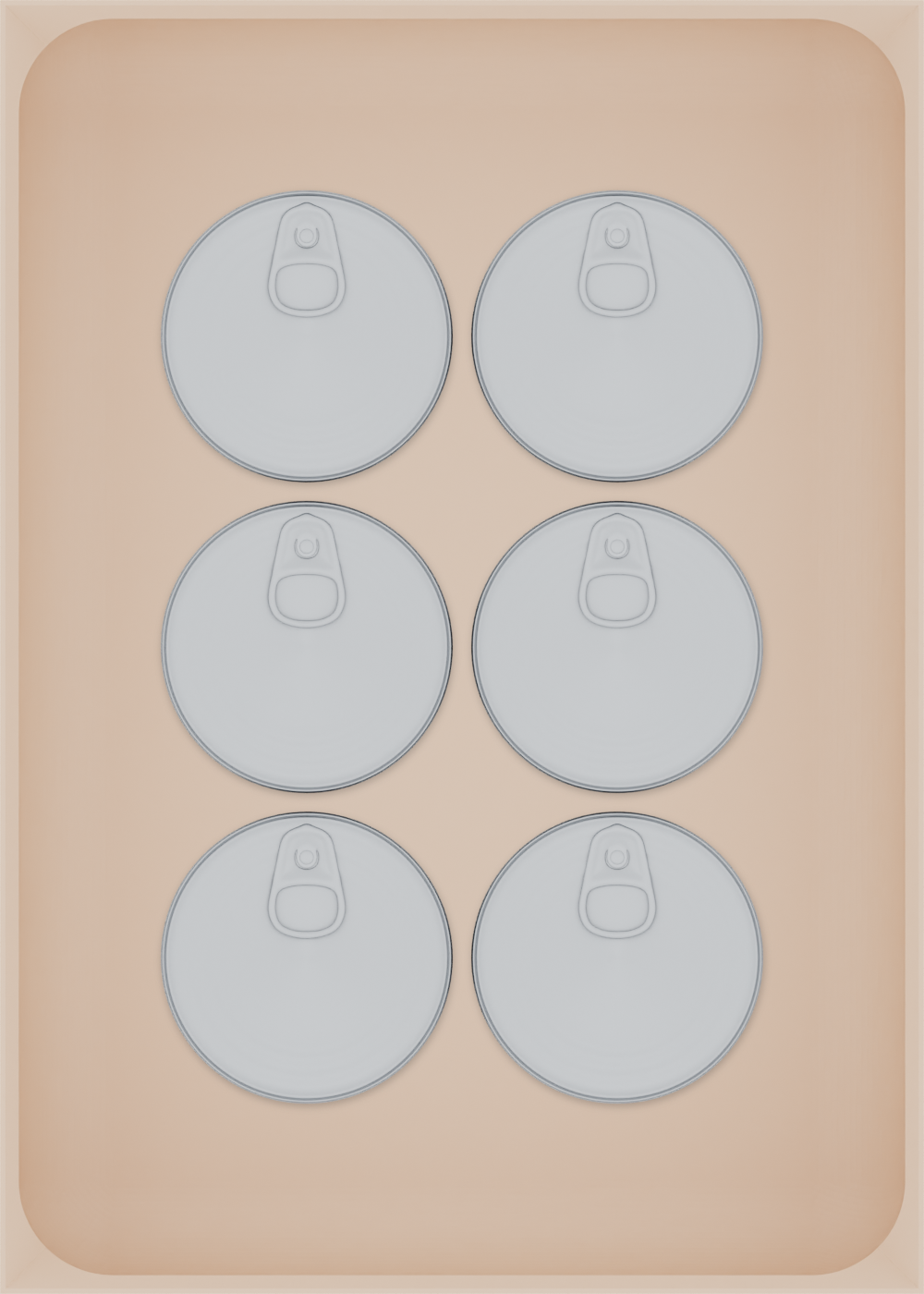 Large tray organiser – 7×5 (206.5 × 147.5 mm) in Army Beige, shown with 6 small round tins. Top view.