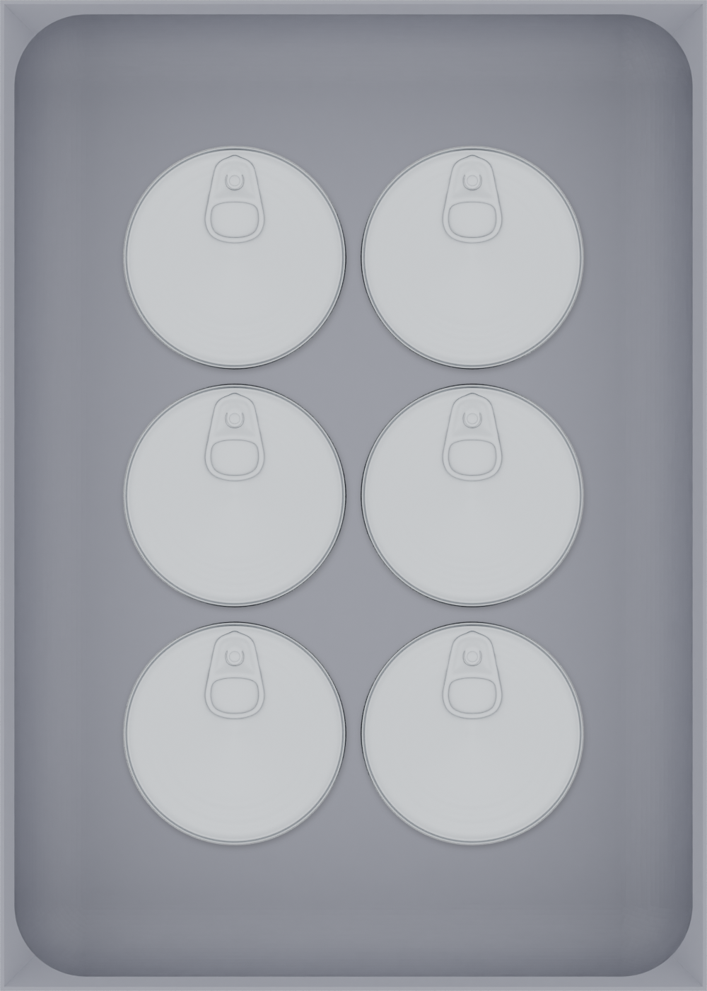 Large tray organiser – 7×5 (206.5 × 147.5 mm) in Fossil Grey, shown with 6 small round tins. Top view.