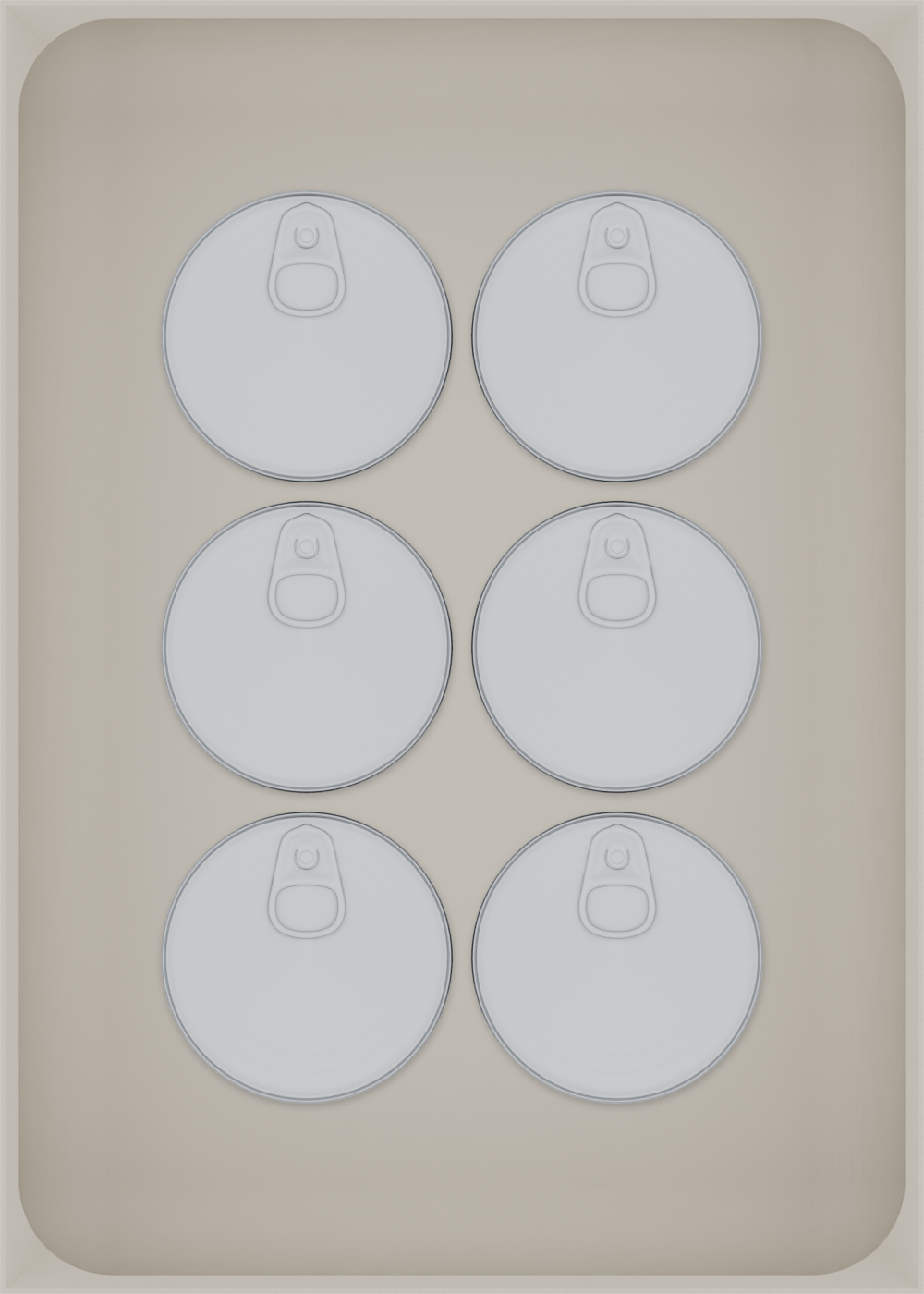 Large tray organiser – 7×5 (206.5 × 147.5 mm) in Muted White, shown with 6 small round tins. Top view.